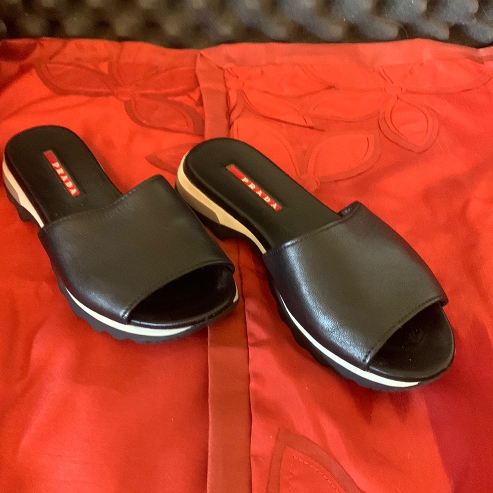Prada Black Leather Slide Sandals with White Trim